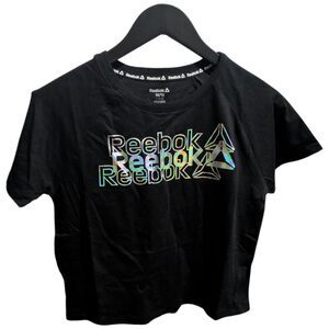 Reebok Girls Black Graphic Logo Tee Shirt Size L 10/12 Holographic